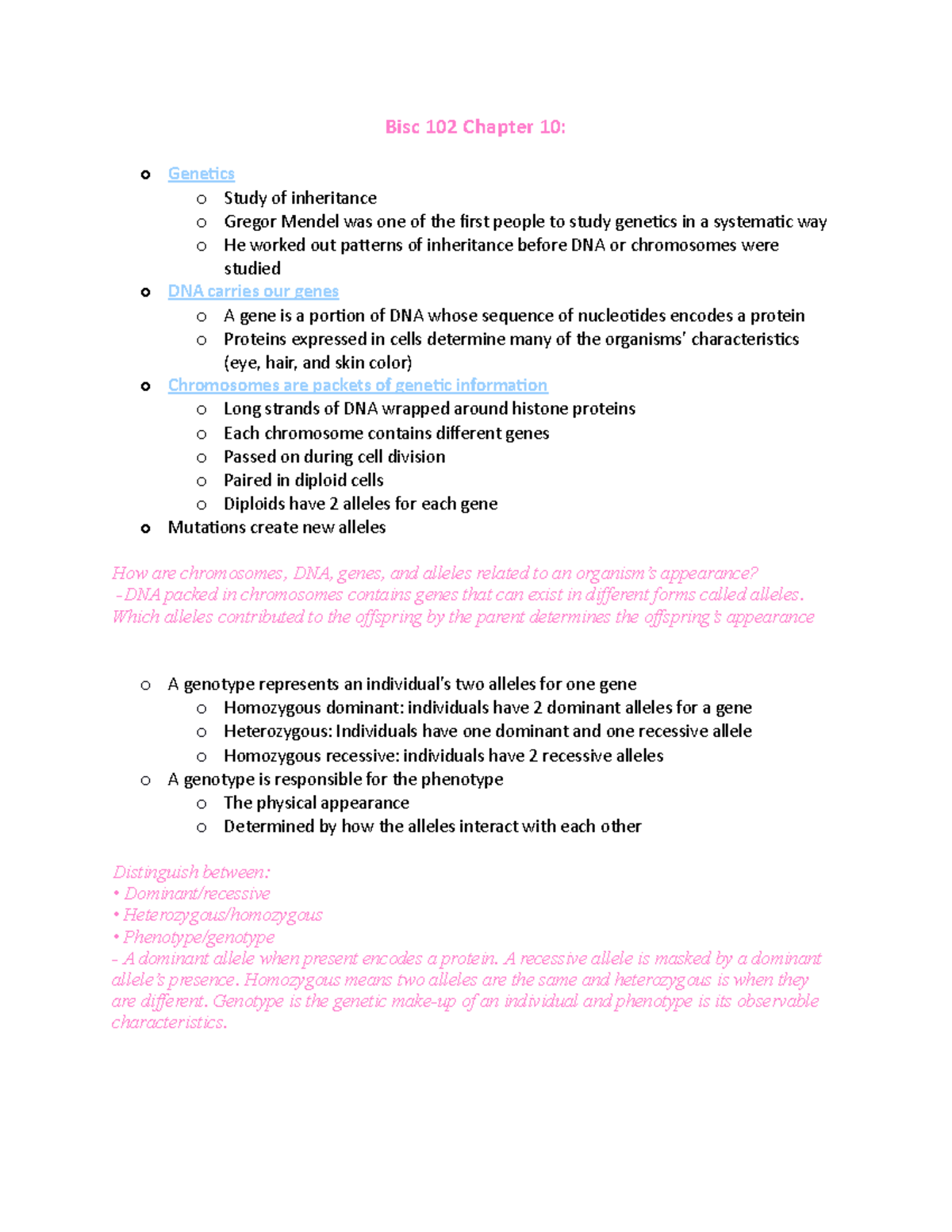 Bisc 102 Chapter 10 - Notes for exam - Bisc 102 Chapter 10: o Genetics ...