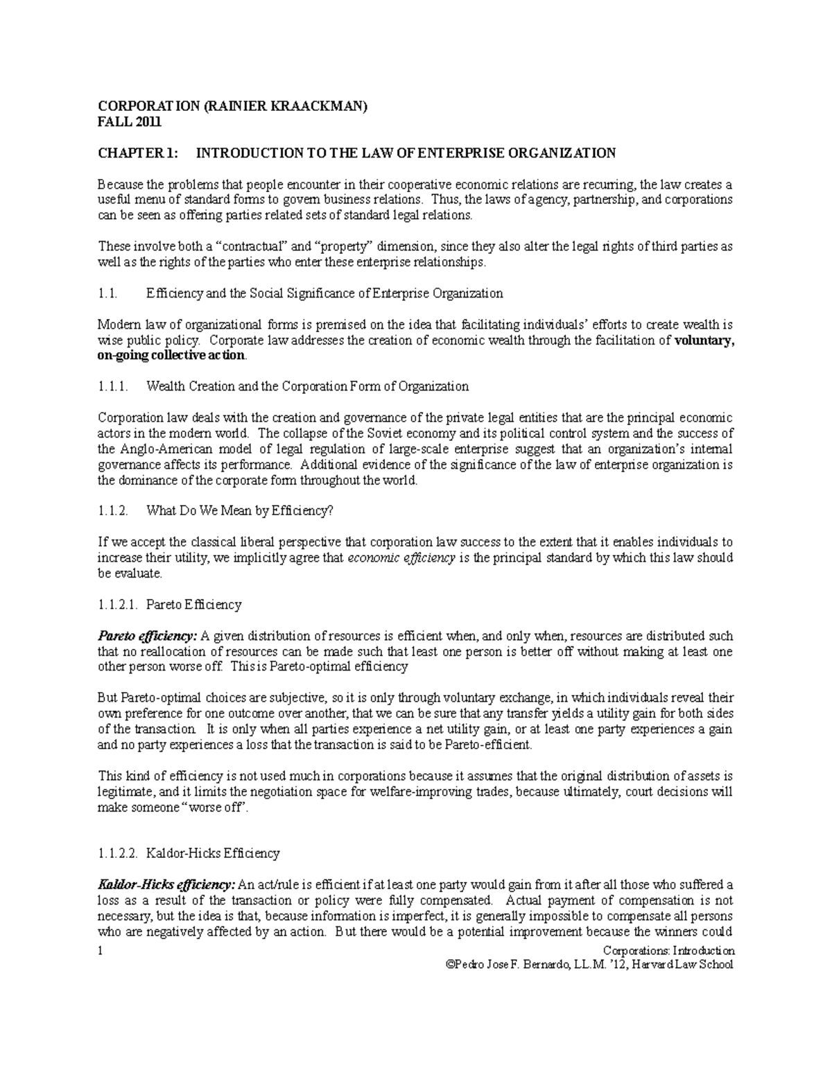 1 - Corporation Law lecture notes with Prof. Kraakman - Harvard Law ...