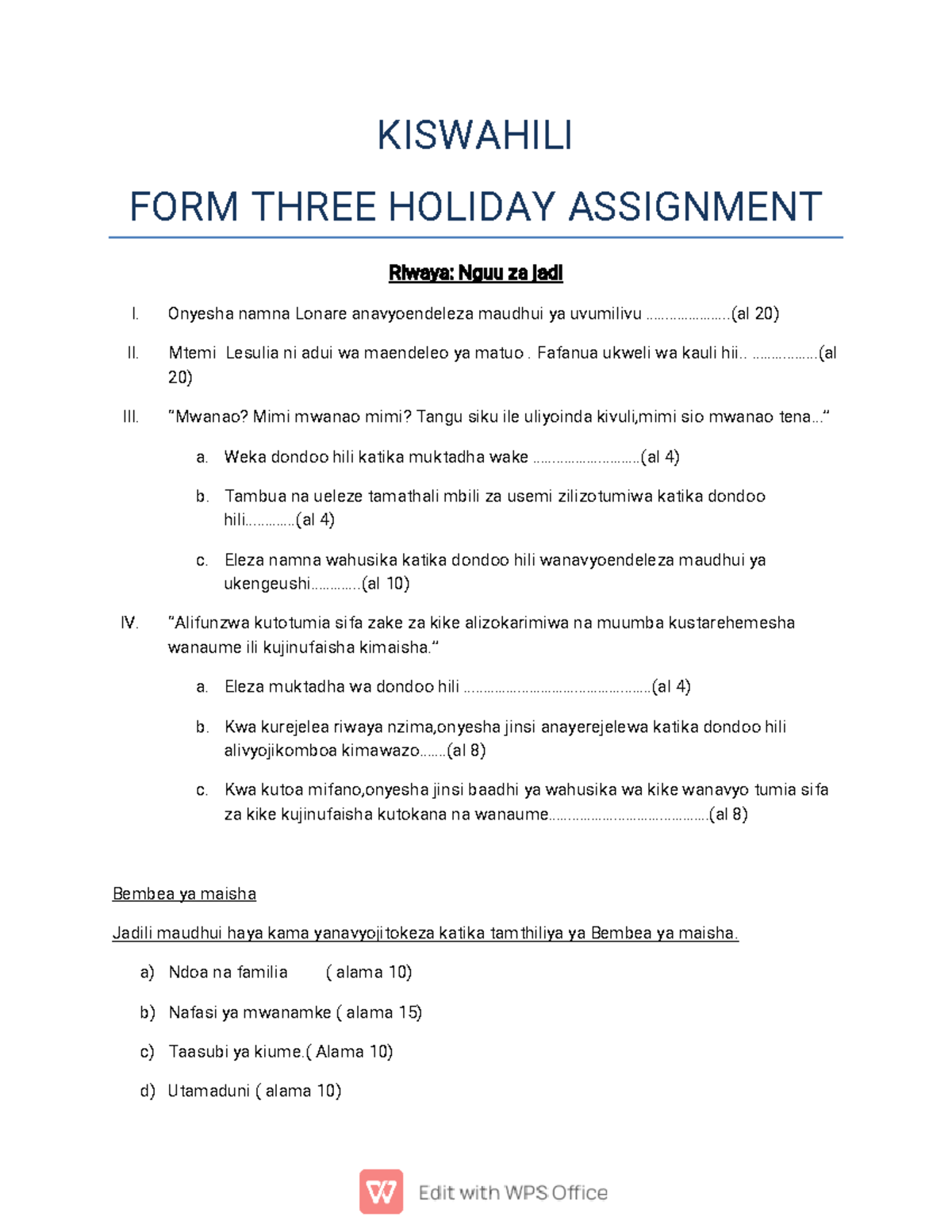 Kiswahili F3 - KISWAHILI FORM THREE HOLIDAY ASSIGNMENT Riwaya: Nguu za ...