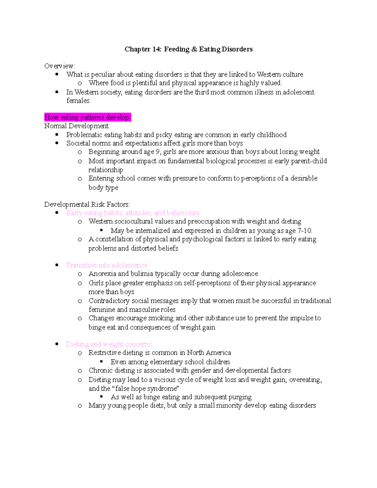 Chapter 14 - Lecture notes 14- feeding and eating disorders - PSYC 235 ...