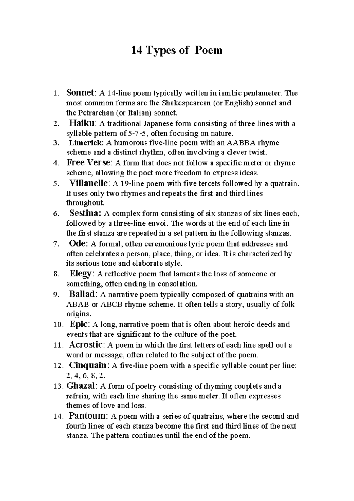 14 Types of Poem - 14 Types of Poem 1. Sonnet: A 14-line poem typically ...