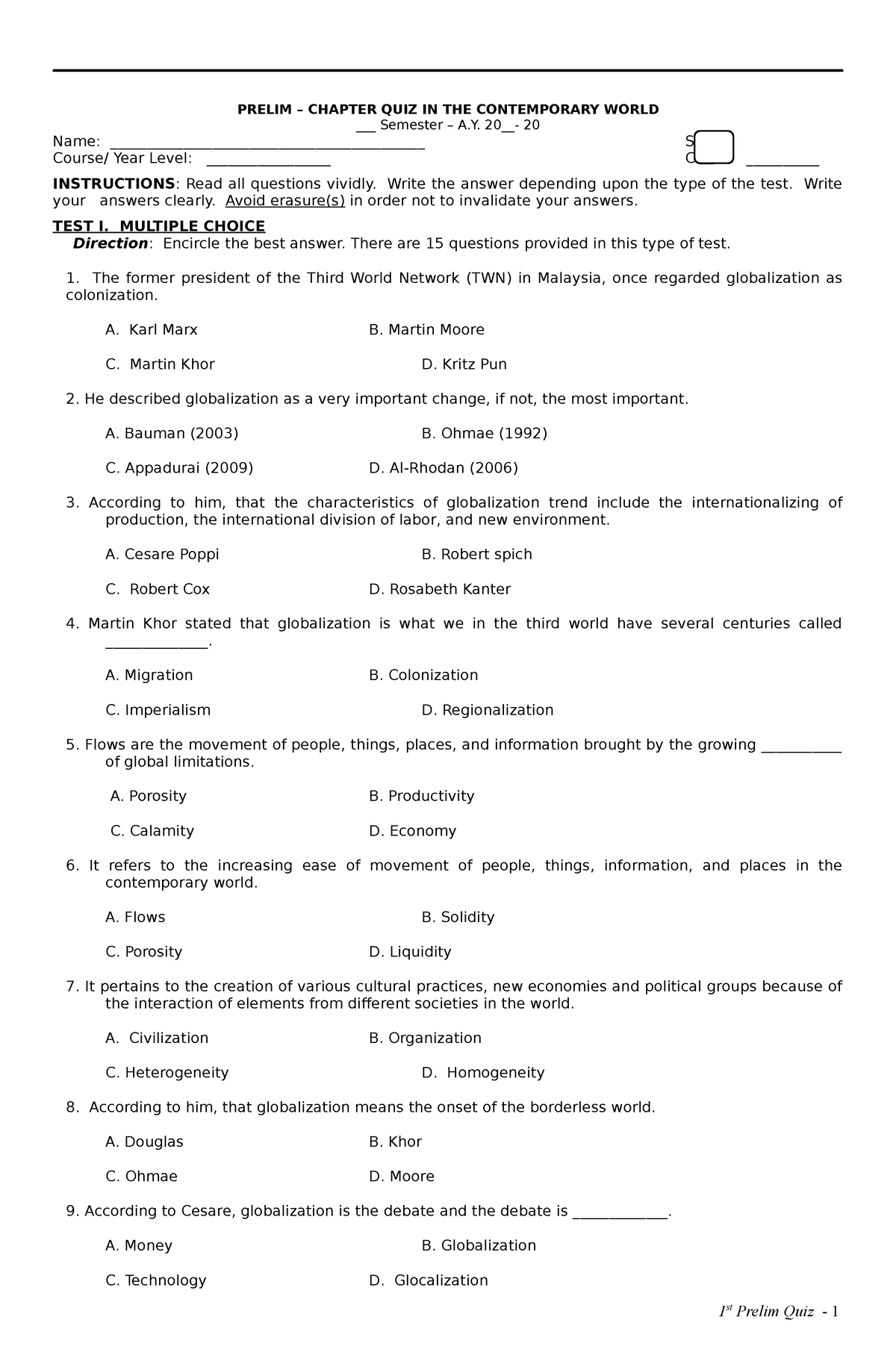 Prelim – Chapter QUIZ IN THE Contemporary World - PRELIM – CHAPTER QUIZ ...