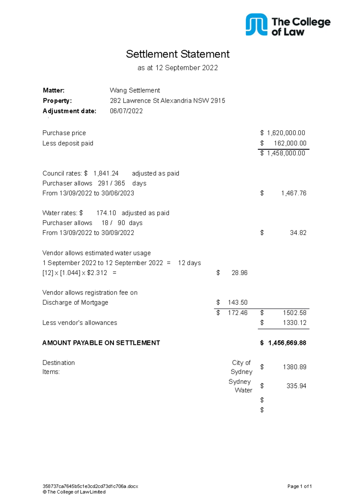 PROP T3 A1 Settlement statement template NSW 2021 09 29 Settlement