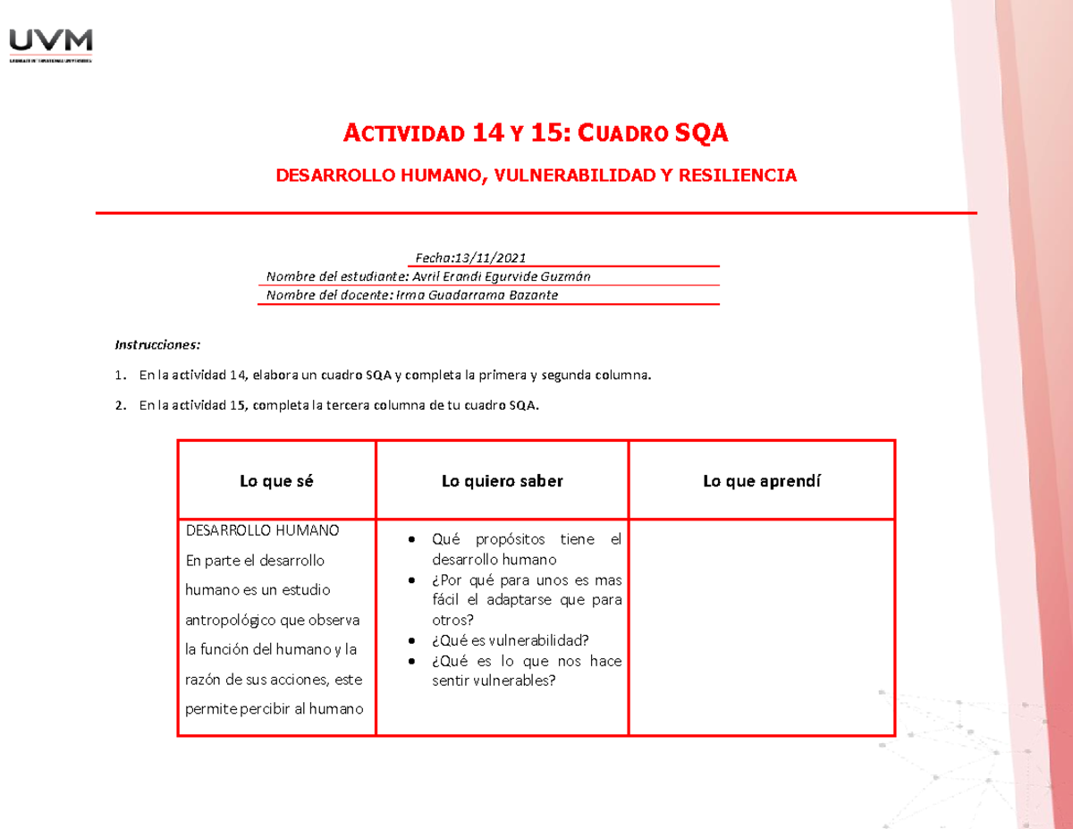 Actividad 14 y 15 CUADRO SQA - ACTIVIDAD 14 Y 15: CUADRO SQA DESARROLLO ...