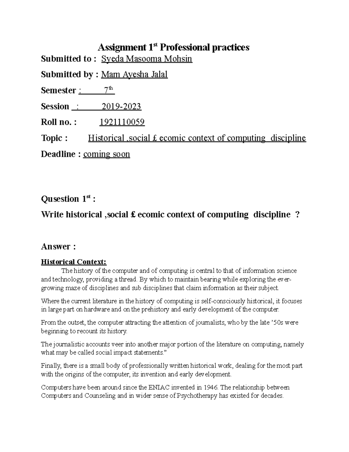 Assignment - ..... - Assignment 1st Professional practices Submitted to ...