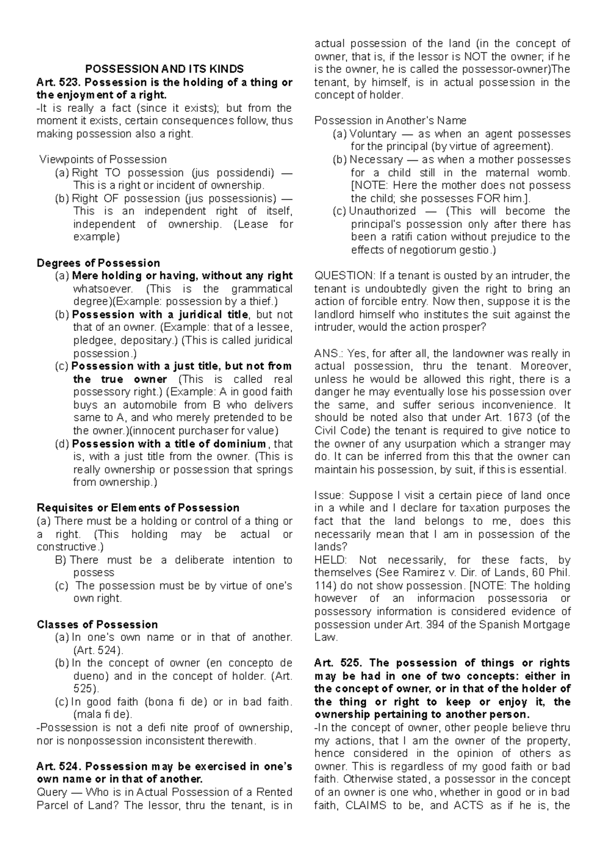 Quieting-OF- Titleeee - POSSESSION AND ITS KINDS Art. 523. Possession ...