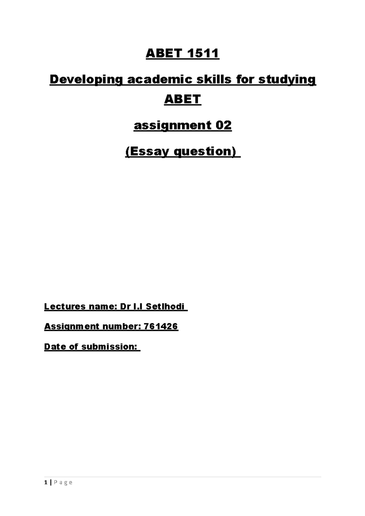 ABET 1511 - Essay questions Assignment 2 - ABET 1511 Developing ...