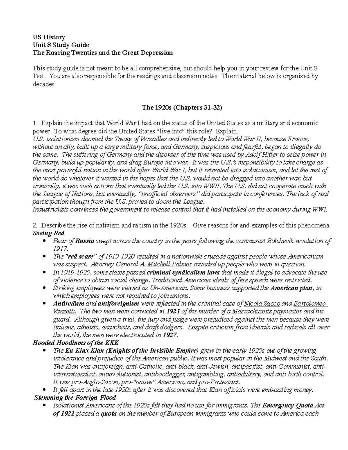 Unit 8 Study Guide - Lecture Notes 8 - US History Unit 8 Study Guide ...