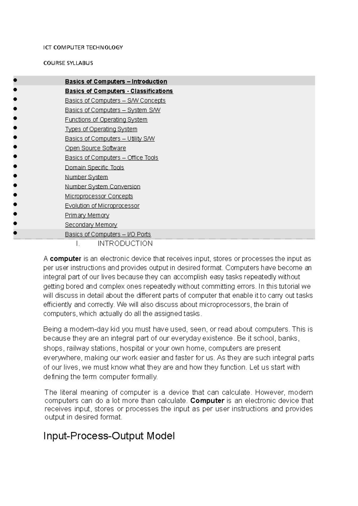 ICT Computer Technology - Course Syllabus - ICT COMPUTER TECHNOLOGY ...