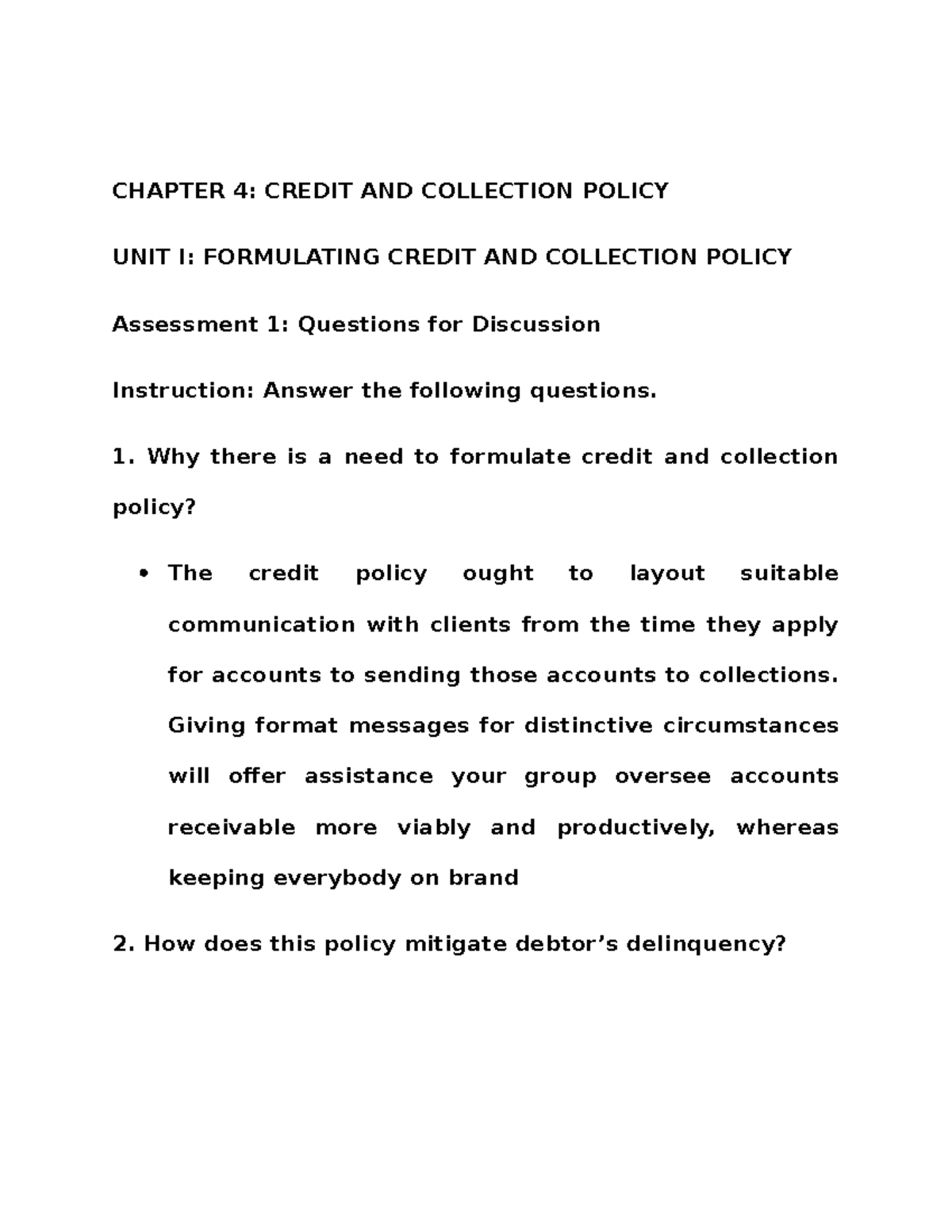 Credit AND Collection Module 4 Coursework Answers AND Questions ...