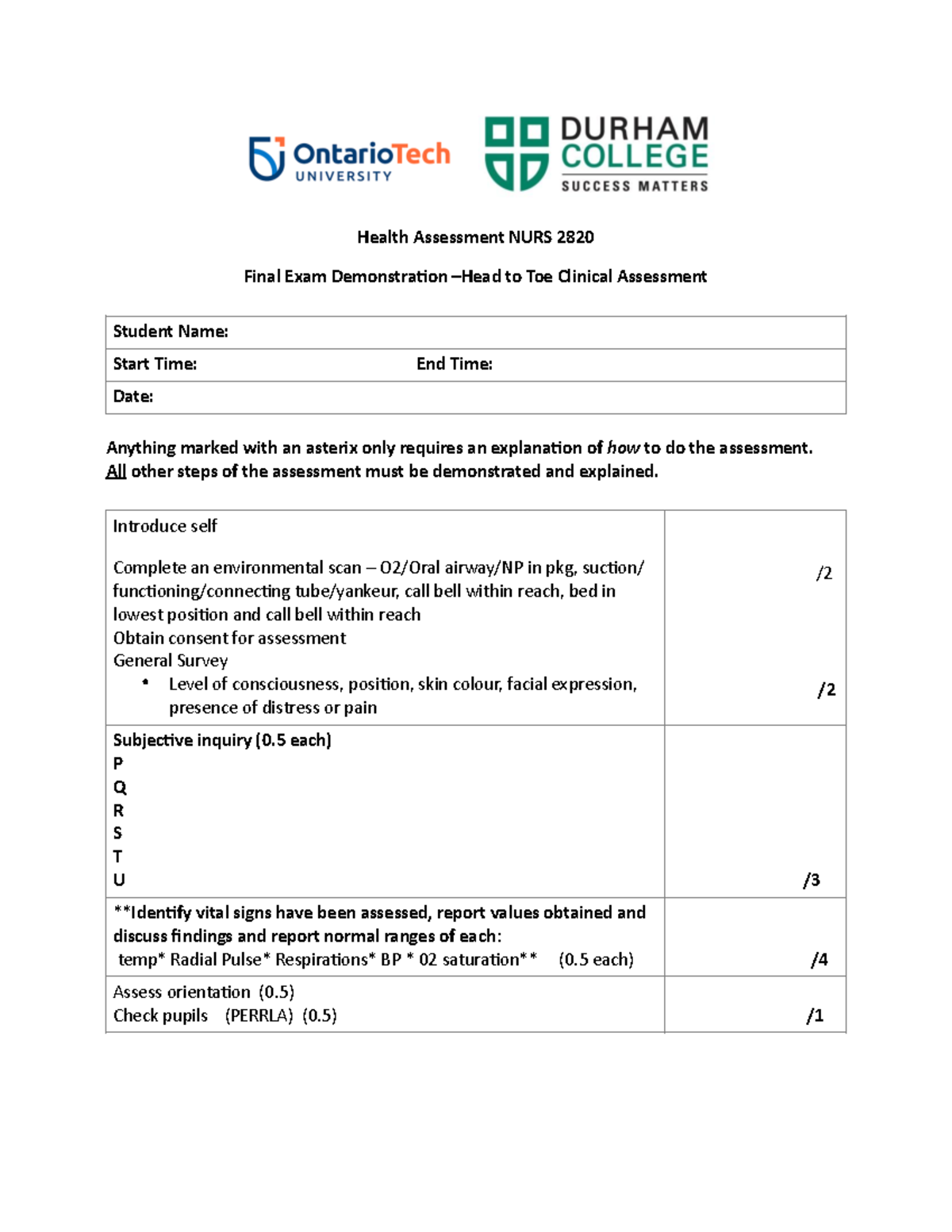 NURS2320 - Head to Toe Final Rubric - Health Assessment NURS 2820 Final ...