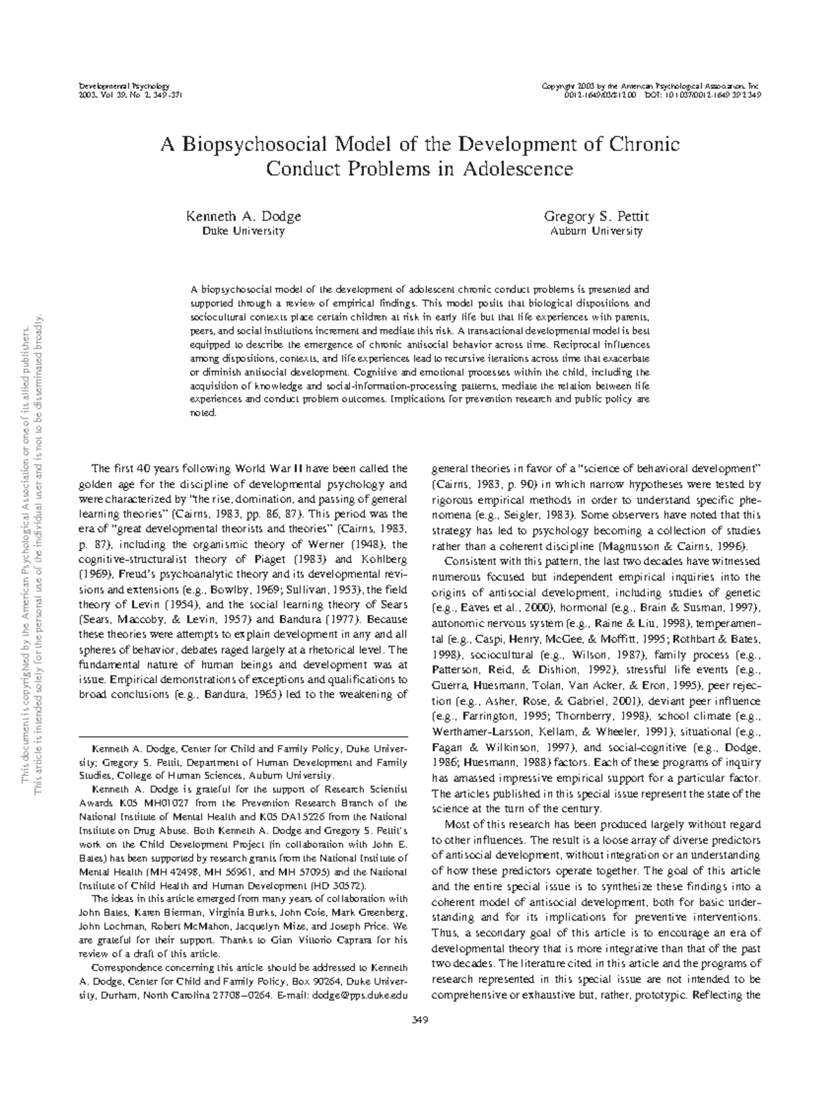 Biopsychosocial model of the development of chronic conduct problems in ...