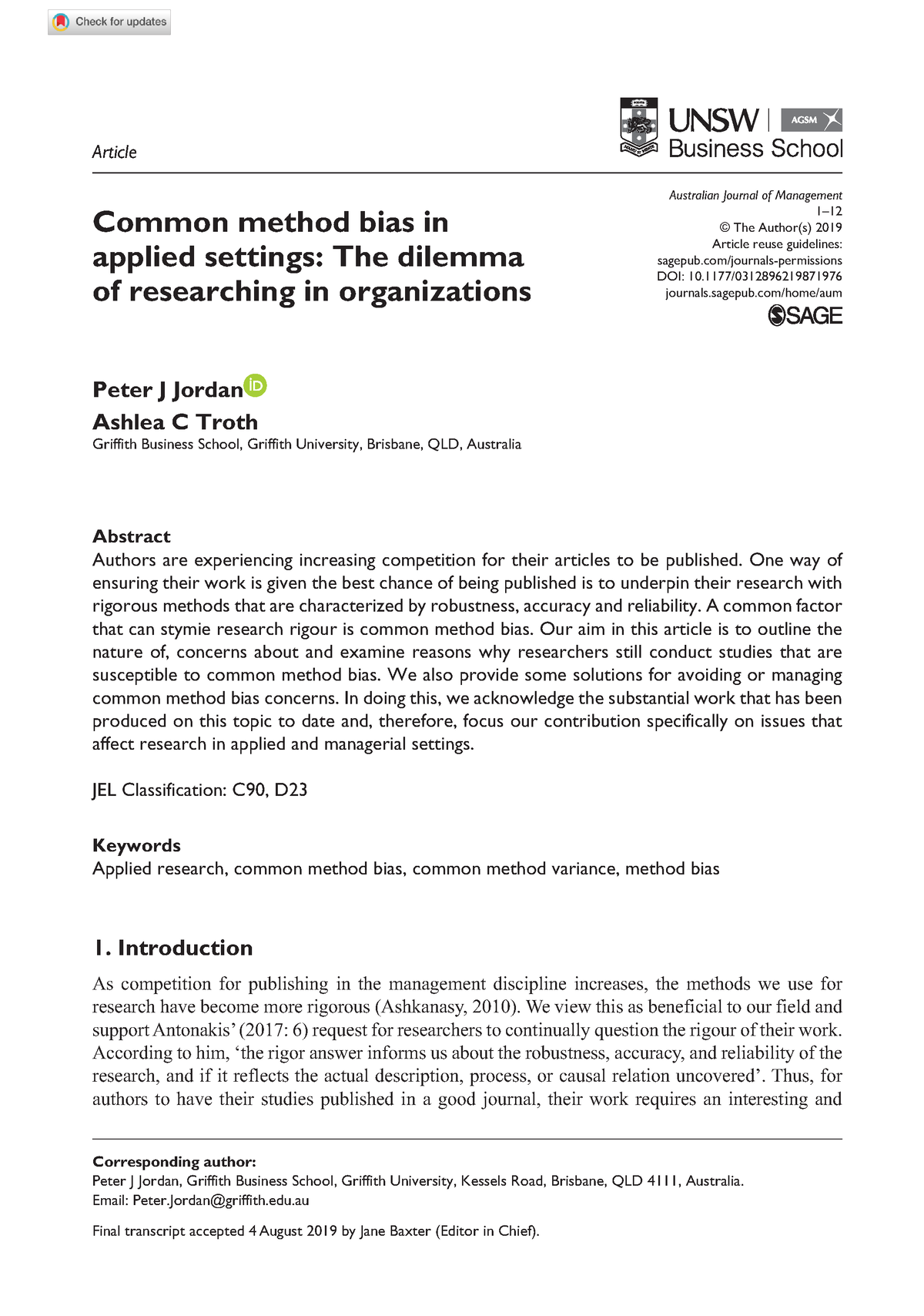 Common Method Bias Article - Doi/10.1177/ Australian Journal Of ...