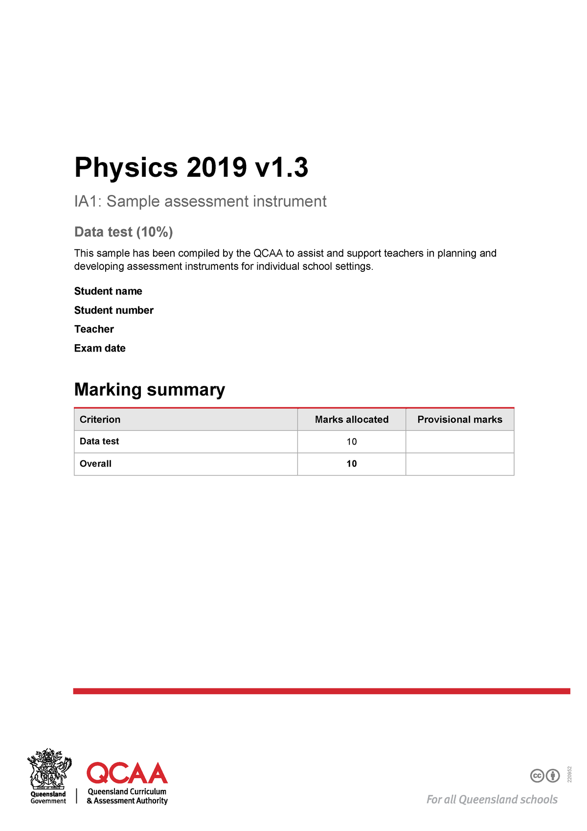 QCAA Data Test Revision 220952 Physics 2019 v1. IA1 Sample