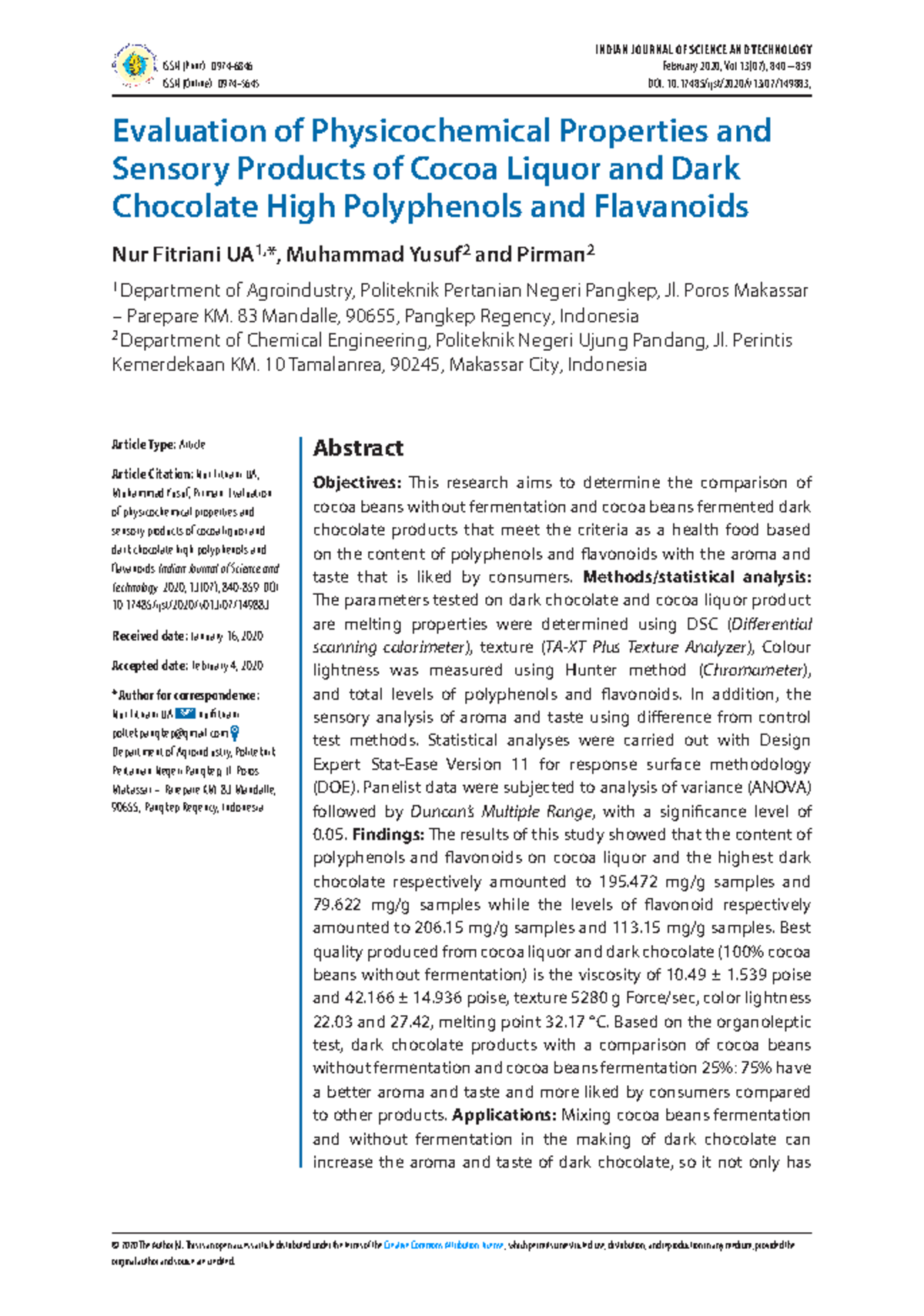 Evaluation of Physicochemical Properties and Sensory Products of Cocoa ...