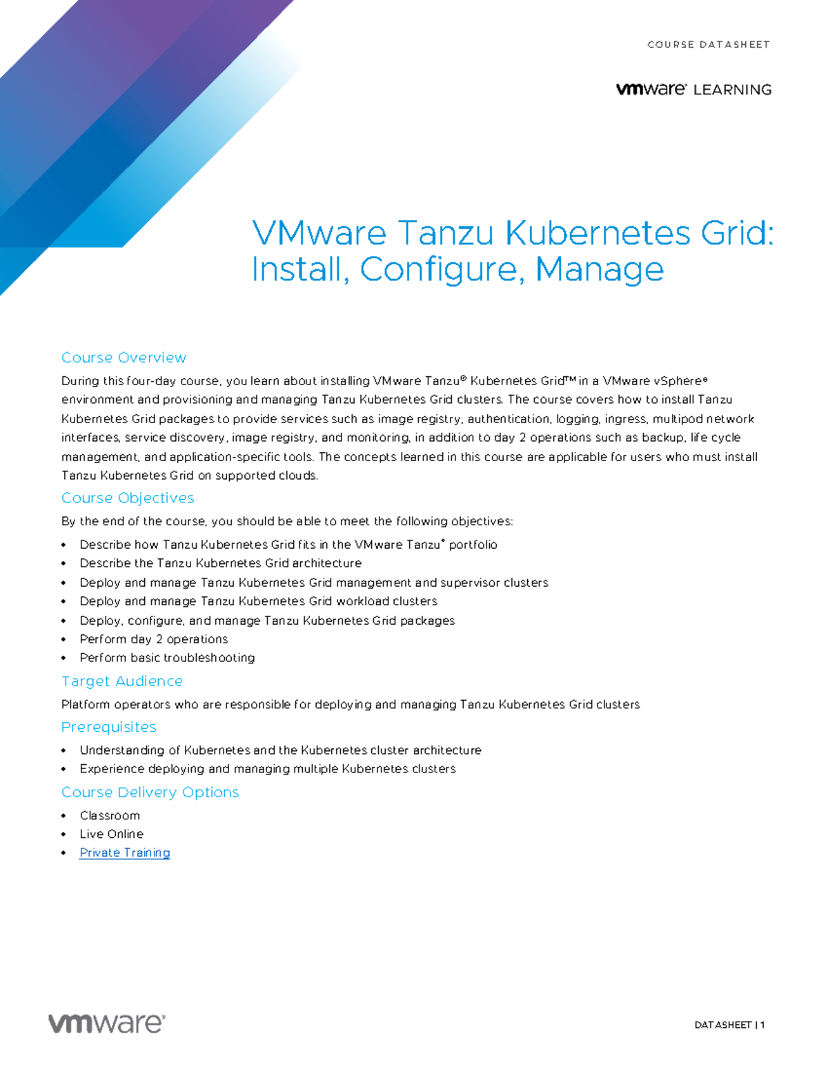EDU Datasheet VMware Tanzu Kubernetes Grid Install Configure Manage V2 ...