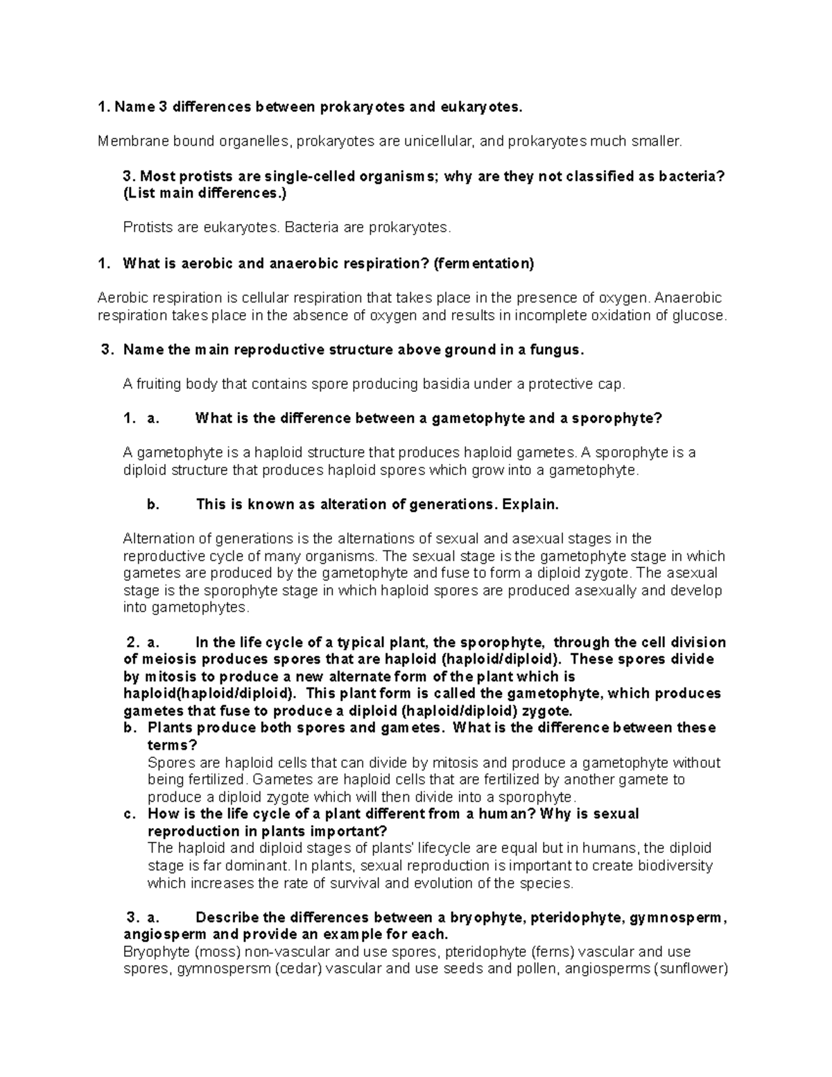 Exam Review Questions - Name 3 differences between prokaryotes and ...