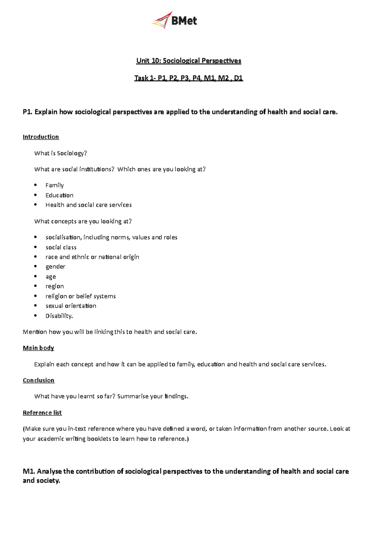 Unit 10 Task 1 guidelines Unit 10 Sociological Perspectives Task 1