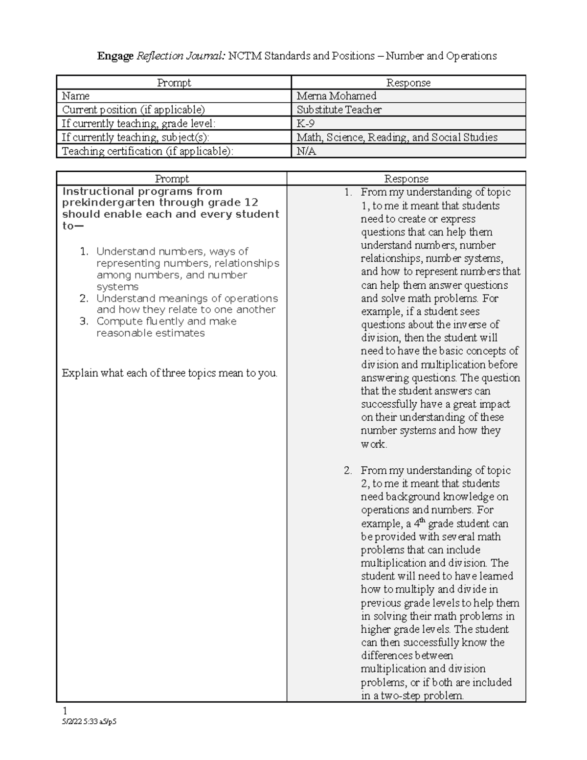 Engage and Explore Reflection Journal NCTM Number and Operations ...