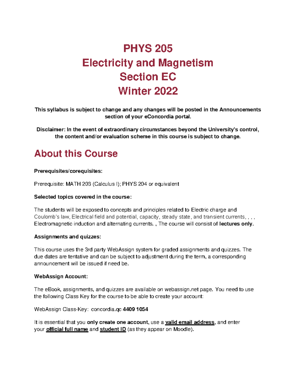 W22-PHYS 205-EC-Outline - PHYS 205 Electricity And Magnetism Section EC ...