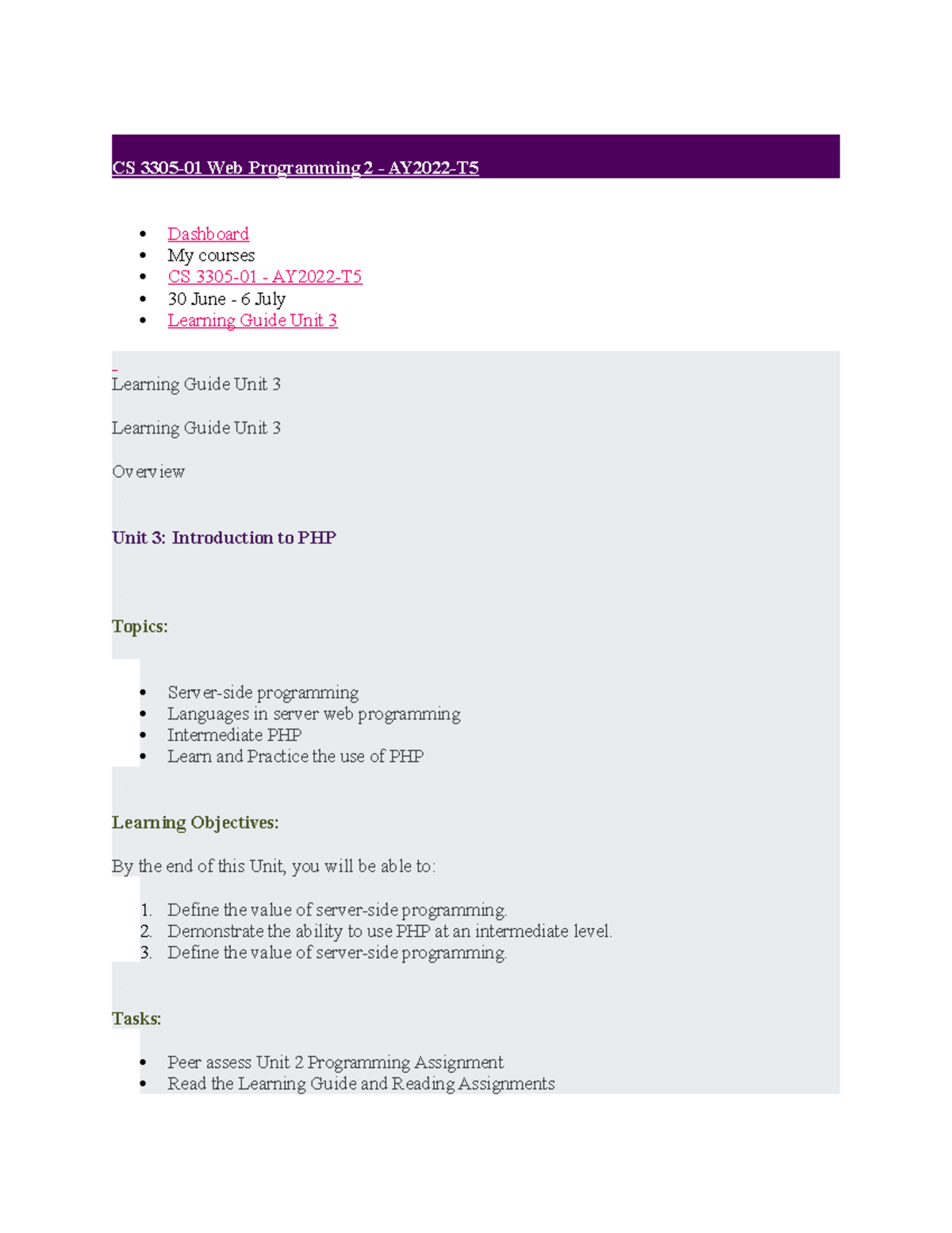 Learning Guide Unit 3-CS 3305 - CS 3305-01 Web Programming 2 - AY2022-T ...