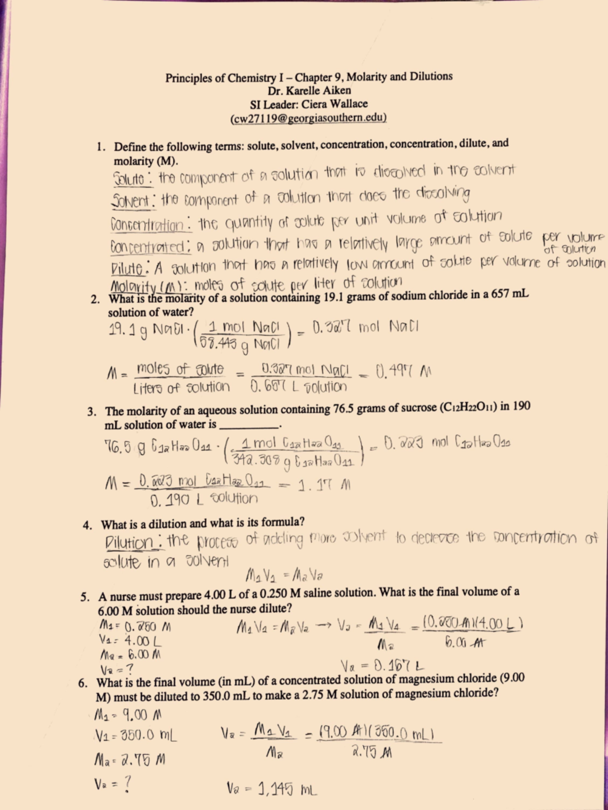 Ch.9 Molarity and Dilutions Principles of Chemistry I Chapter 9