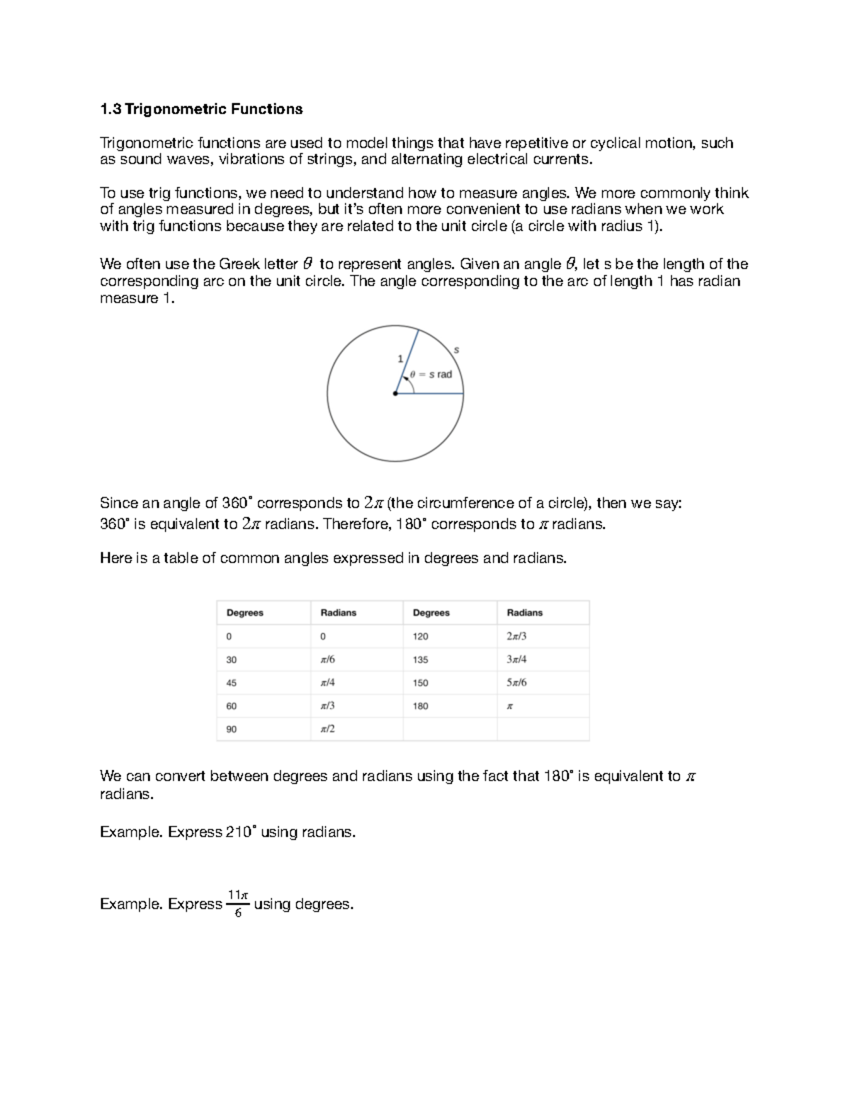 Calculus. 1.3 Trigonometric Functions - 1 Trigonometric Functions ...