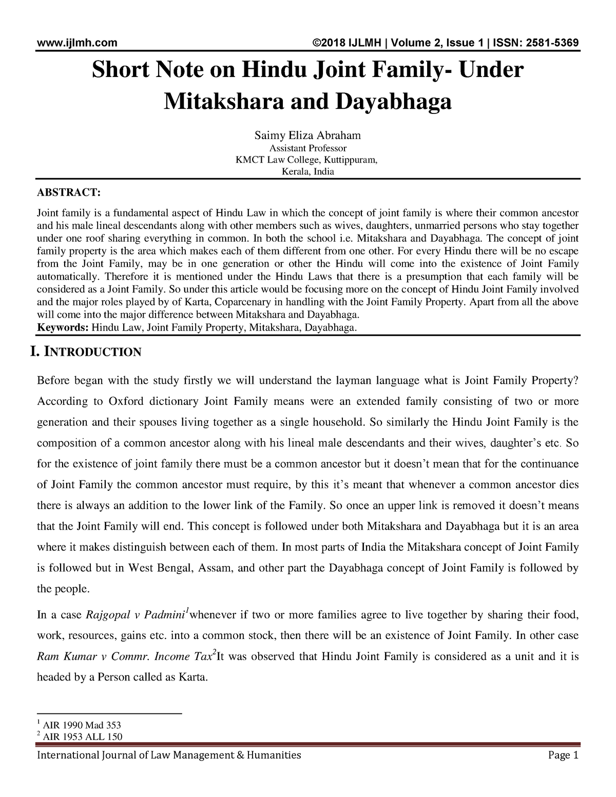 Short Note On Hindu Joint Family Under Mitakshara And Dayabhaga Short 