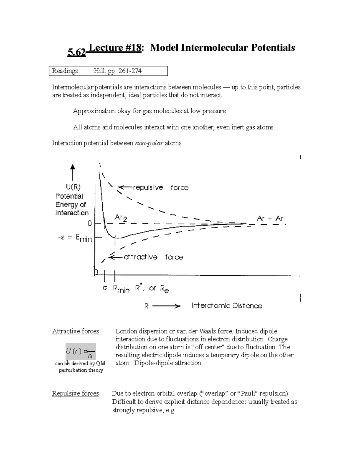 Model intermolecular potentials - U (r ) 1 r 6 5. Lecture #18: Model ...