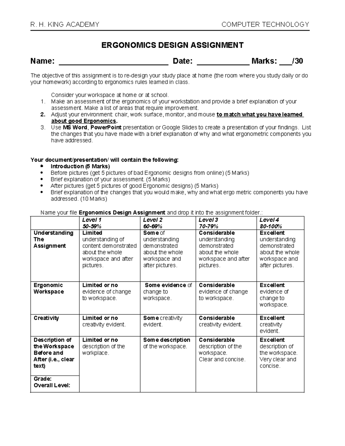 Ergonomics design assignment - R. H. KING ACADEMY COMPUTER TECHNOLOGY ...
