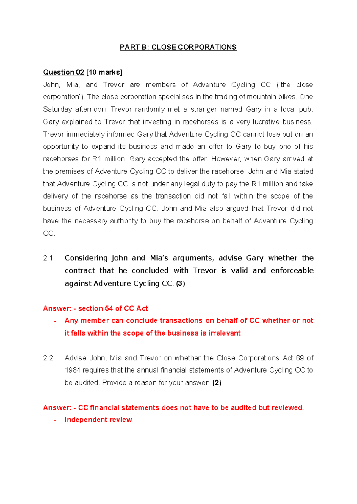 Practice Questions CC - PART B: CLOSE CORPORATIONS Question 02 [10 ...