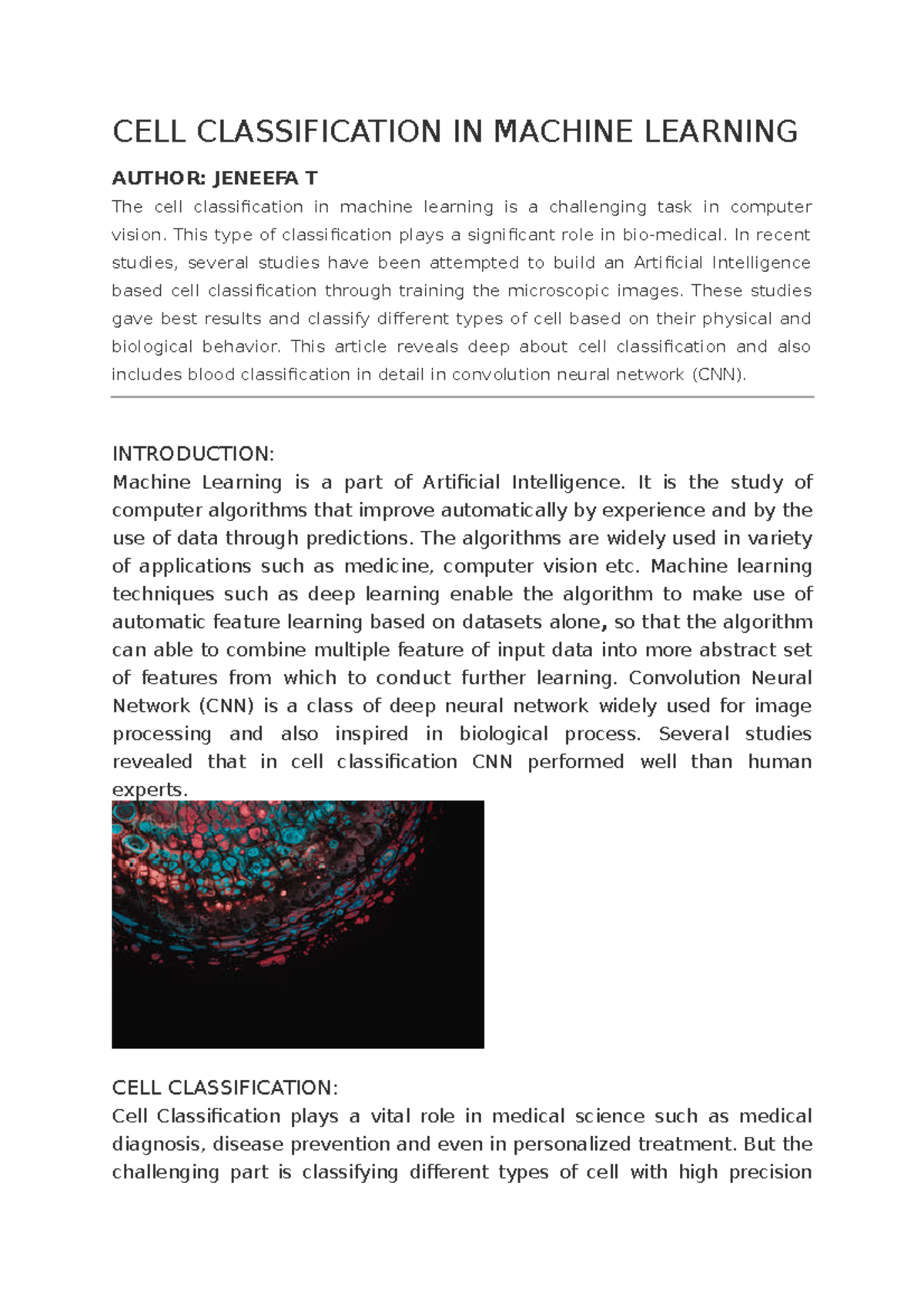 Cellular classification - CELL CLASSIFICATION IN MACHINE LEARNING ...