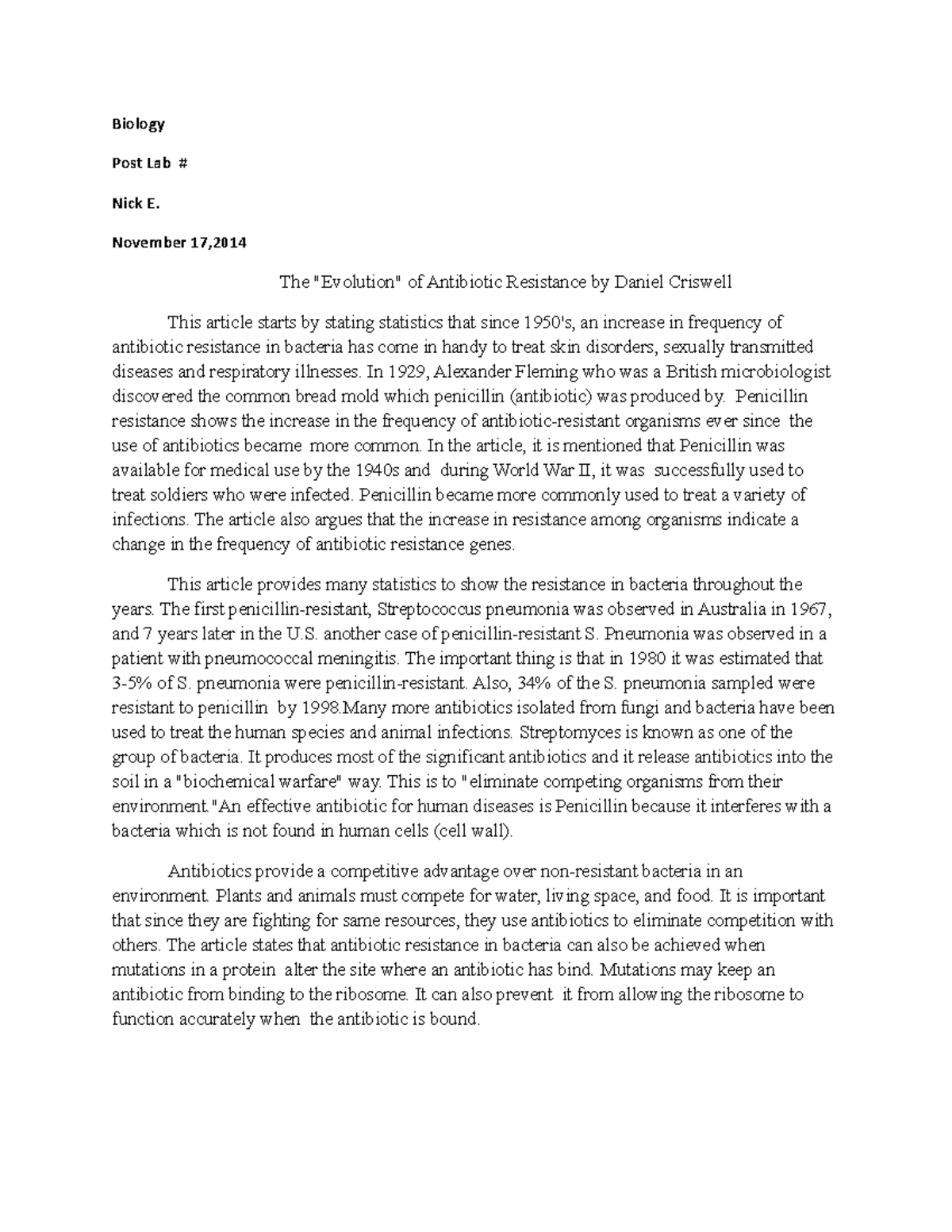 Evolution biology paper discussion Biology Post Lab Nick E