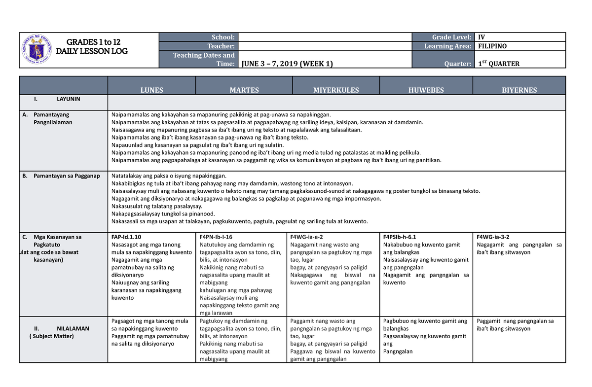 DLL Filipino 4 Q1 W1 - Daily Lesson Log - GRADES 1 To 12 DAILY LESSON ...