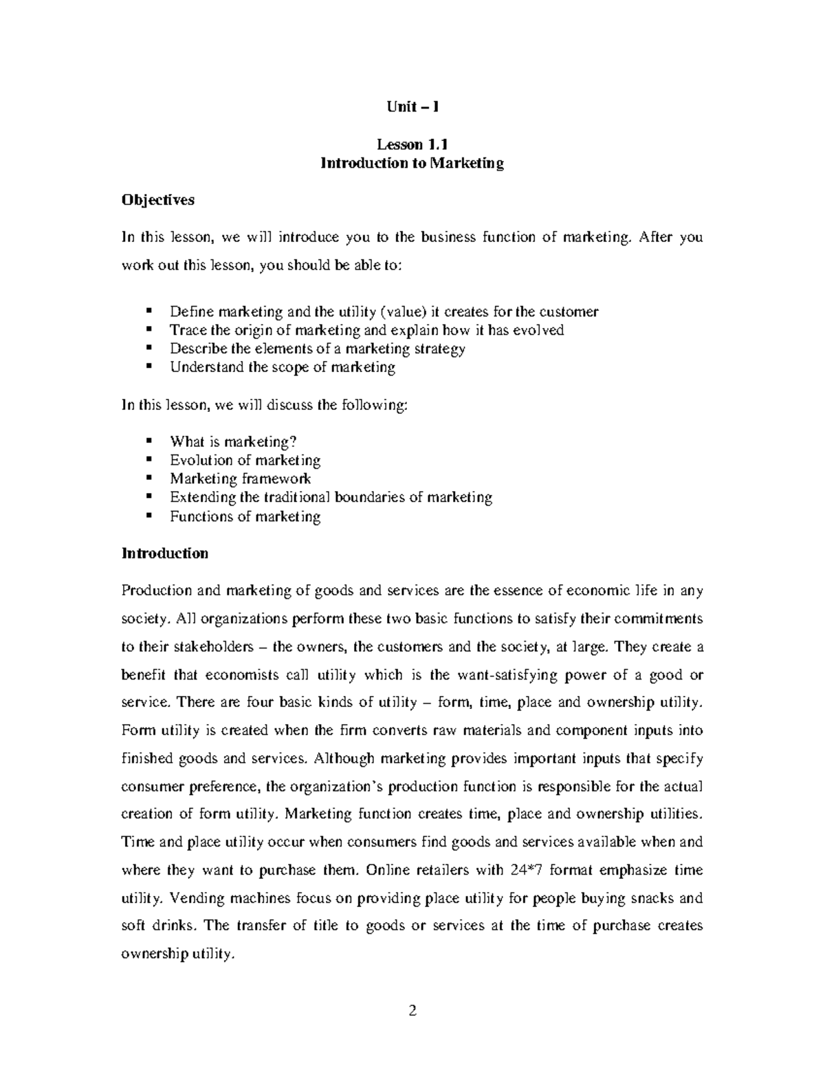 Marketing notes 1 - Unit – I Lesson 1. Introduction to Marketing ...