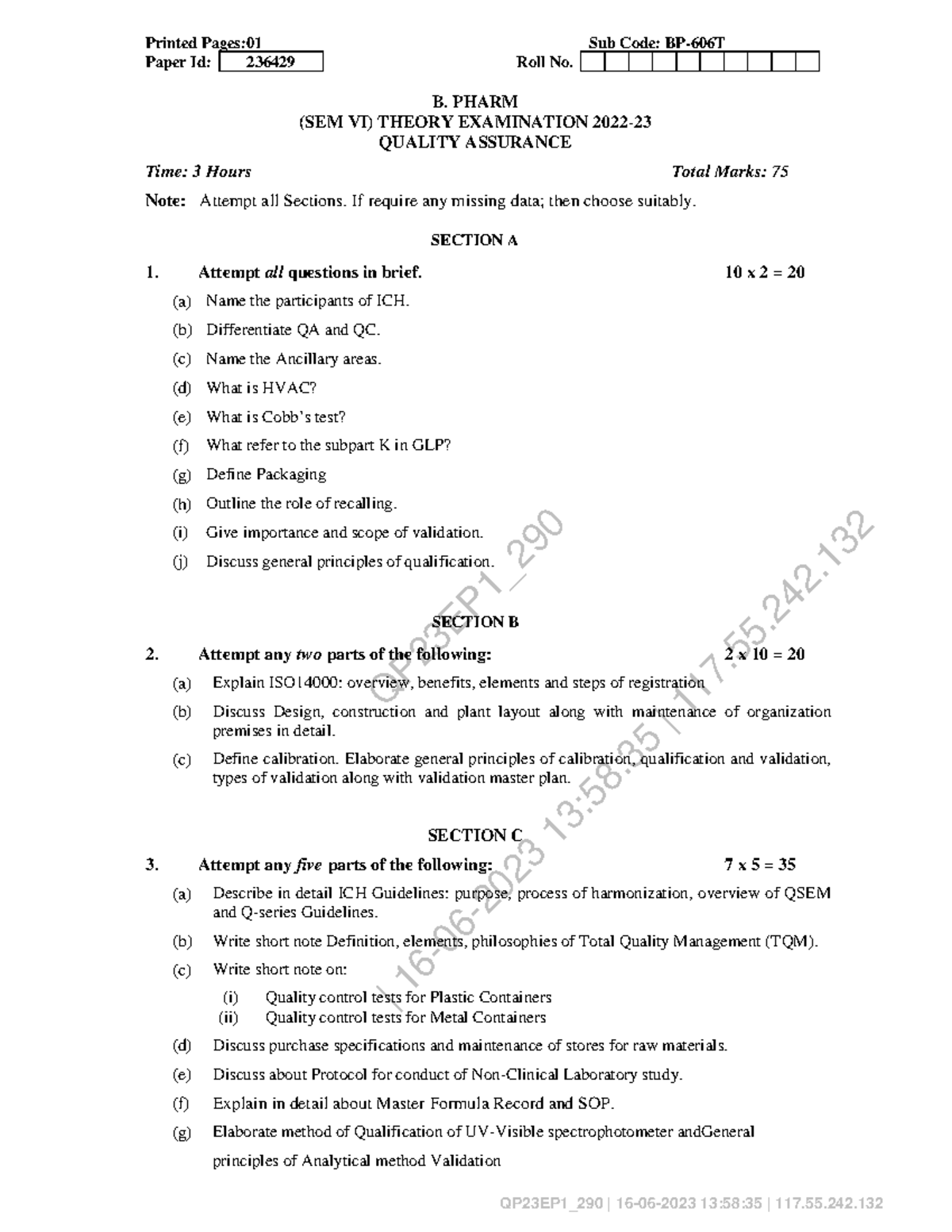 Bpharm 6 sem quality assurance bp 606t 2023 - QP23EP1_ | 16-06-2023 13: ...
