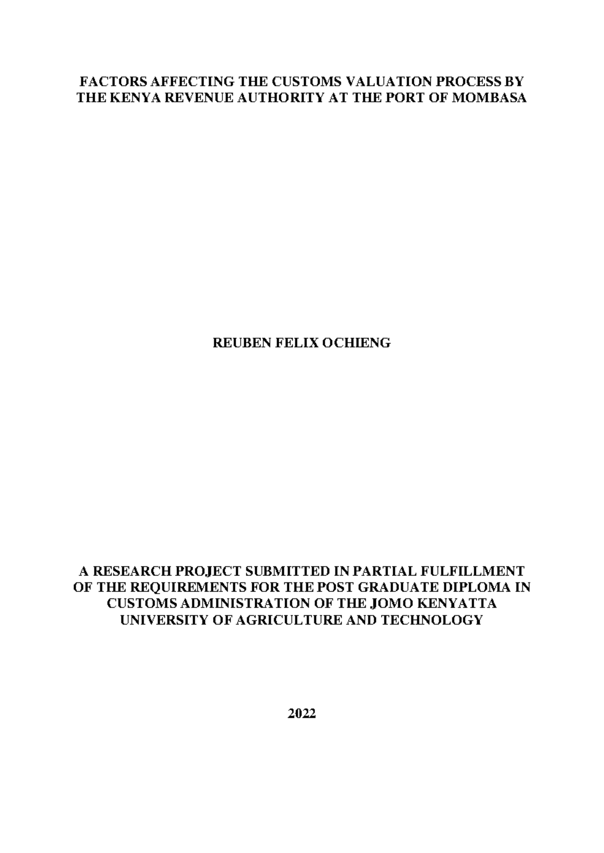 Factros Affecting The Customs Valuation Process By The Kenya Revenue 