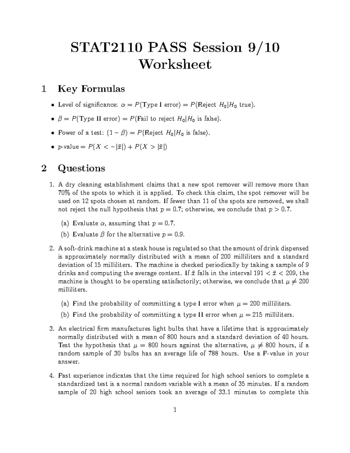 STAT2110 PASS Session 9 Worksheet-1 - β = P (Type II Error) = P (Fail ...