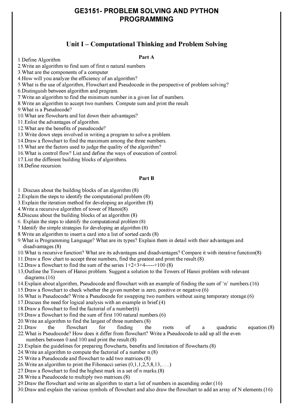 GE3151-PSPP-Question Bank - GE3151- PROBLEM SOLVING AND PYTHON ...