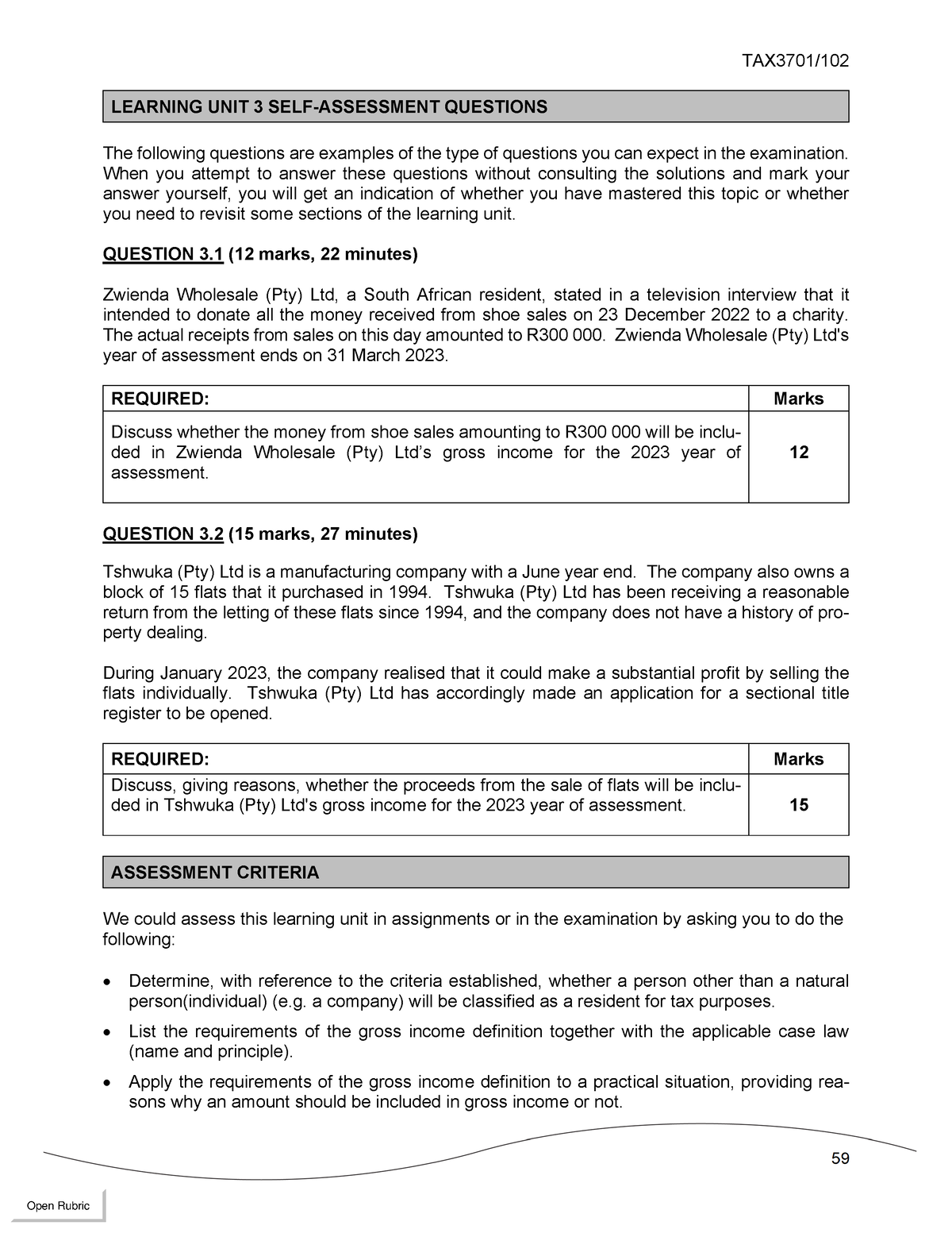 TAX3701 Unit 3 Self Assessment Questions - TAX3701/ 59 LEARNING UNIT 3 ...