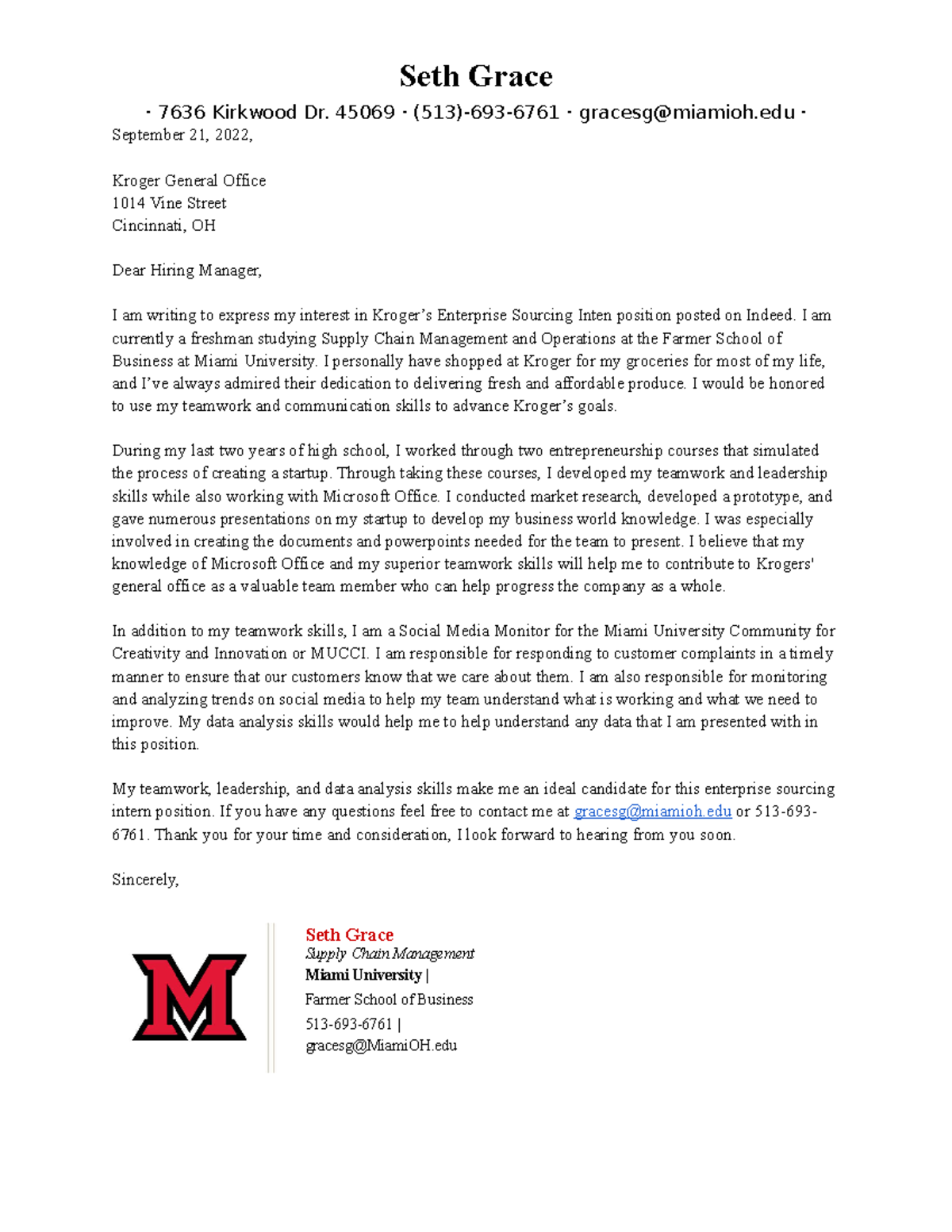 Cover Letter - Seth Grace ・7636 Kirkwood Dr. 45069・(513)-693-6761 ...