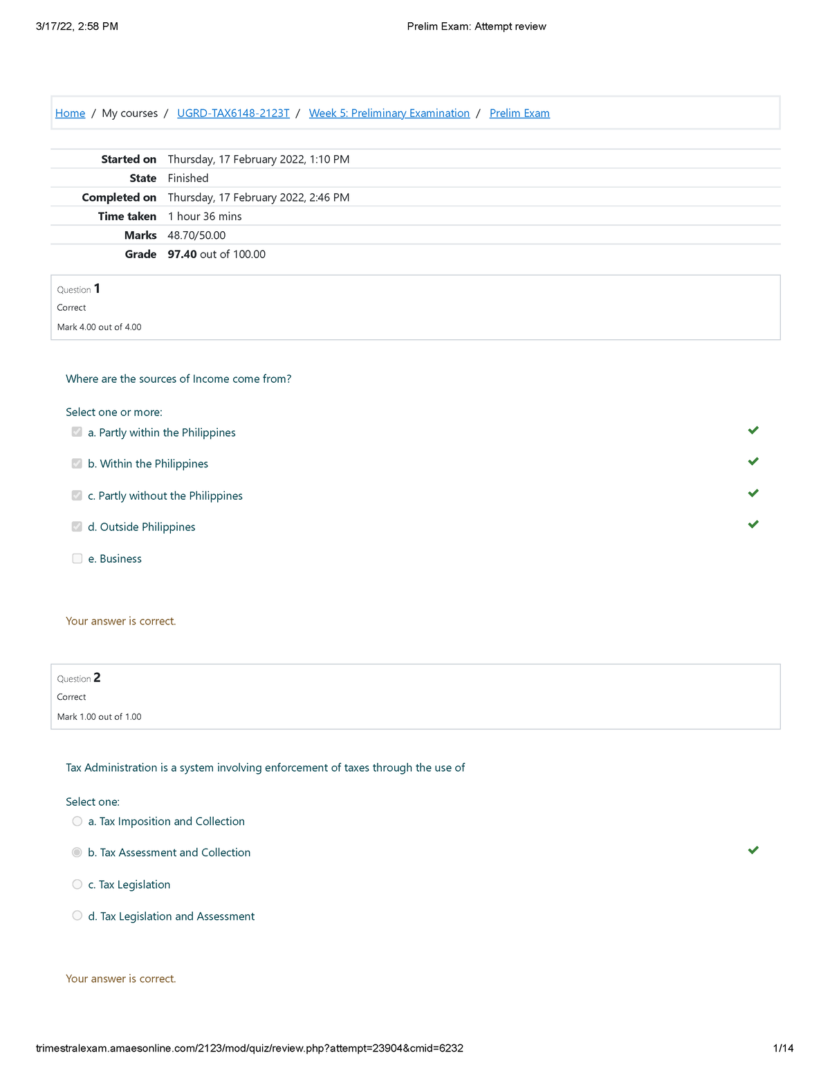 Intax Prelim - Home/My courses/ UGRD-TAX6148-2123T/ Week 5: Preliminary ...