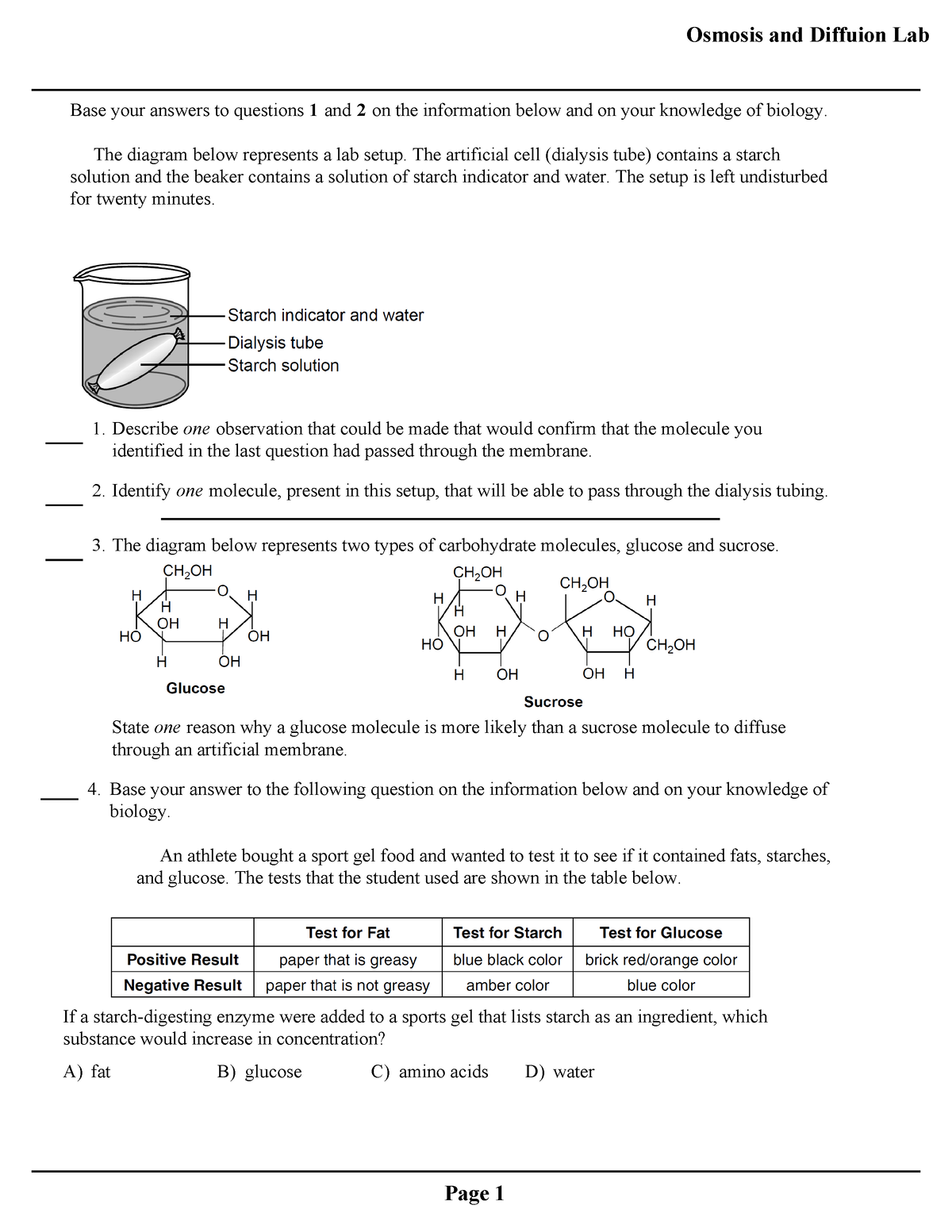 Living Environment Regents Review Sheet 2 Questions Osmosis and