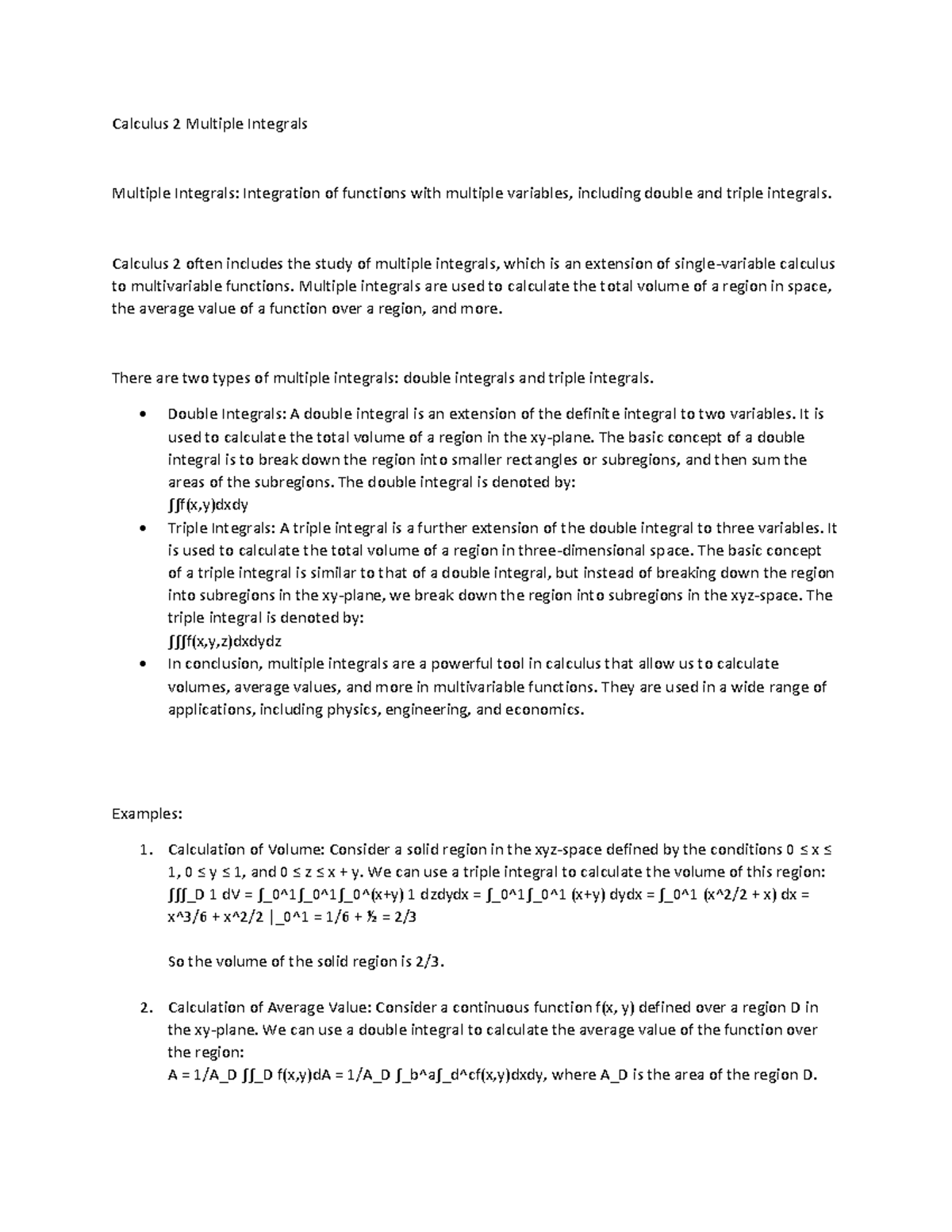 Calculus 2 Multiple Integrals Calculus 2 Multiple Integrals Multiple