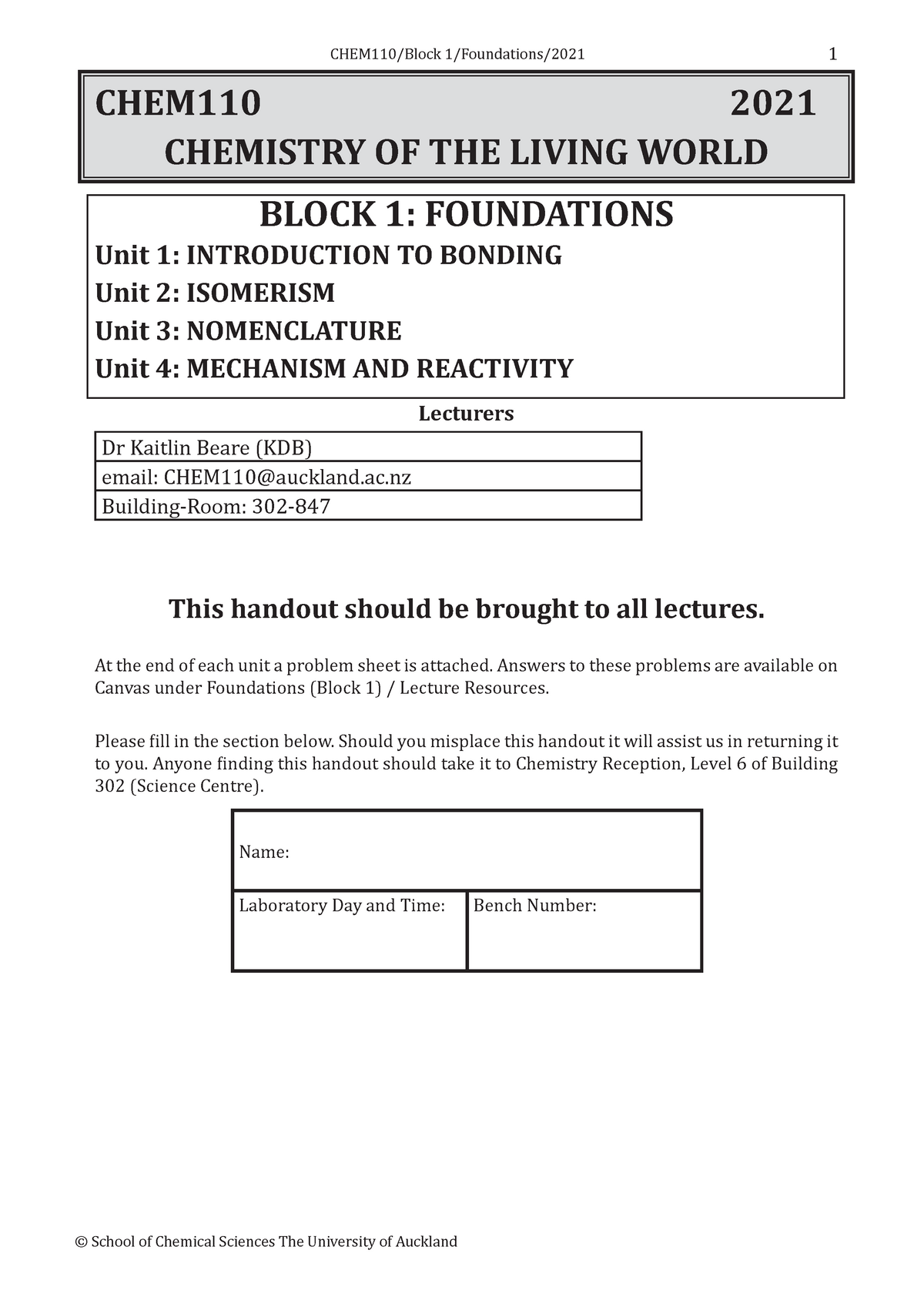 CHEM110 Block 1 2021 Guide - CHEM110 2021 CHEMISTRY OF THE LIVING WORLD ...