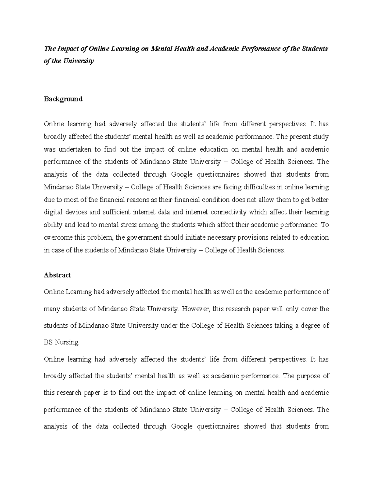 Research Lecture Notes 1 The Impact Of Online Learning On Mental