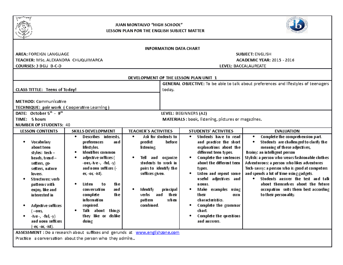 17-lesson-plan-units-1-3-2016 1 - Lesson Plan For The English Subject 