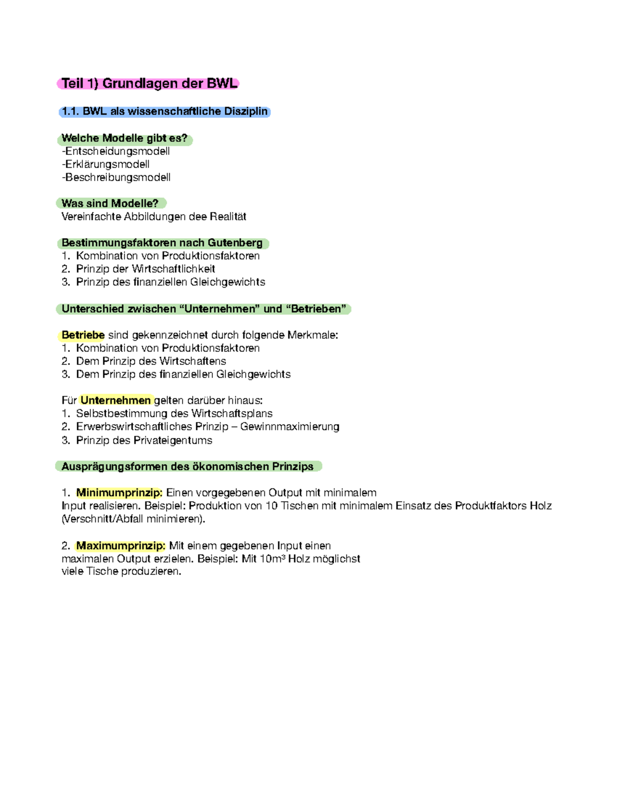 Gesamtzusammenfassung - BWL 1a (Grundlagen Der BWL) - ####### Teil 1 ...