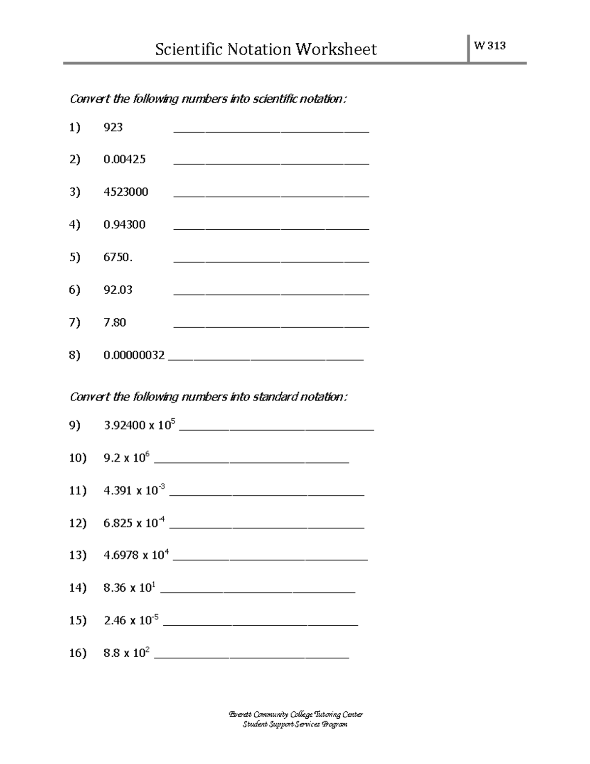 W313 scientific notation worksheet - Scientific Notation Worksheet W