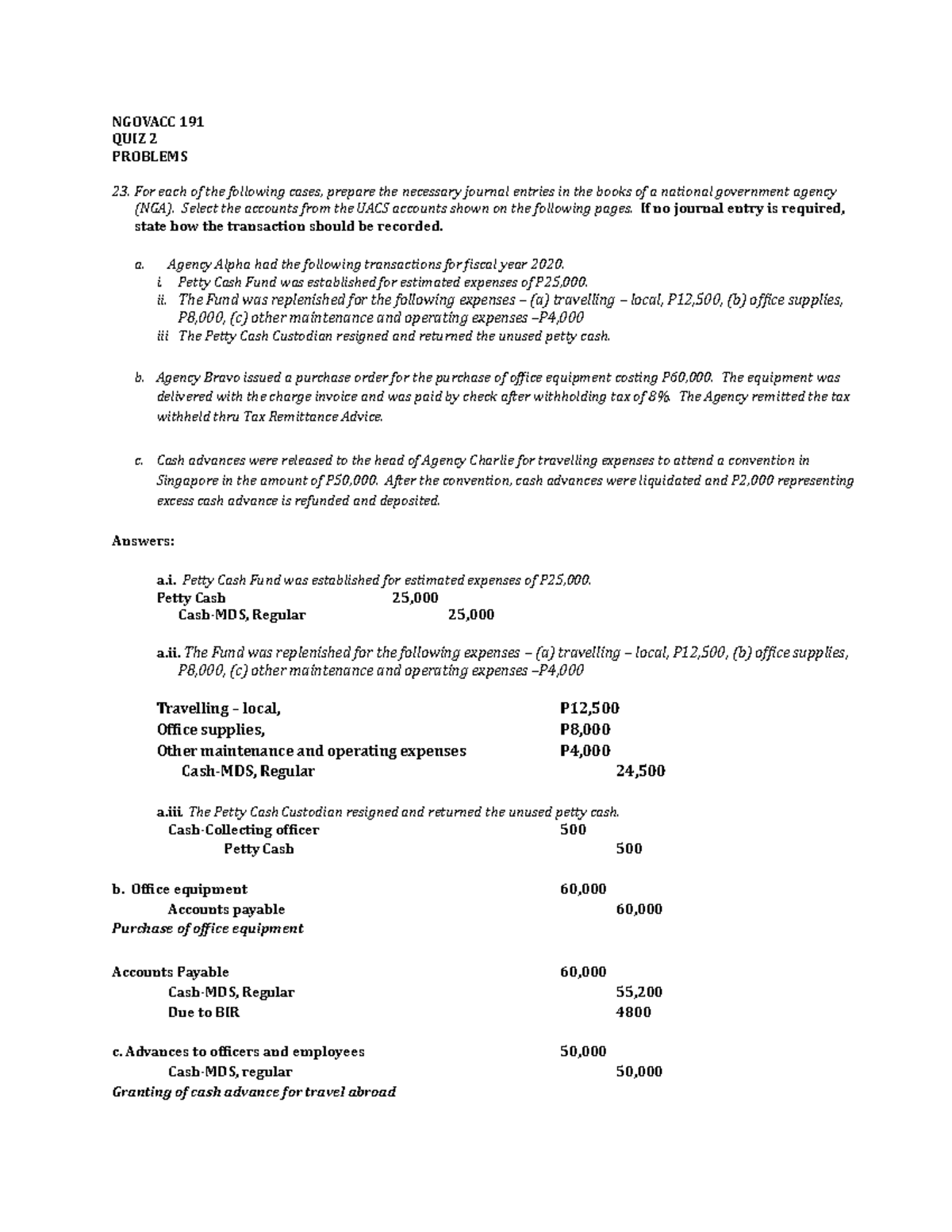 Govt Accounting Quiz prob rca tb 2 - NGOVACC 191 QUIZ 2 PROBLEMS For ...